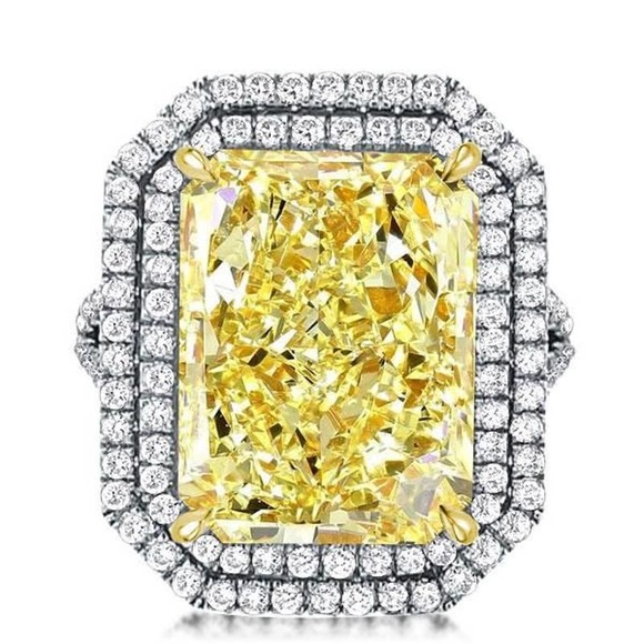 Italo Split Shank Radiant Cut Yellow Double Halo Ring - Picture 1 of 10